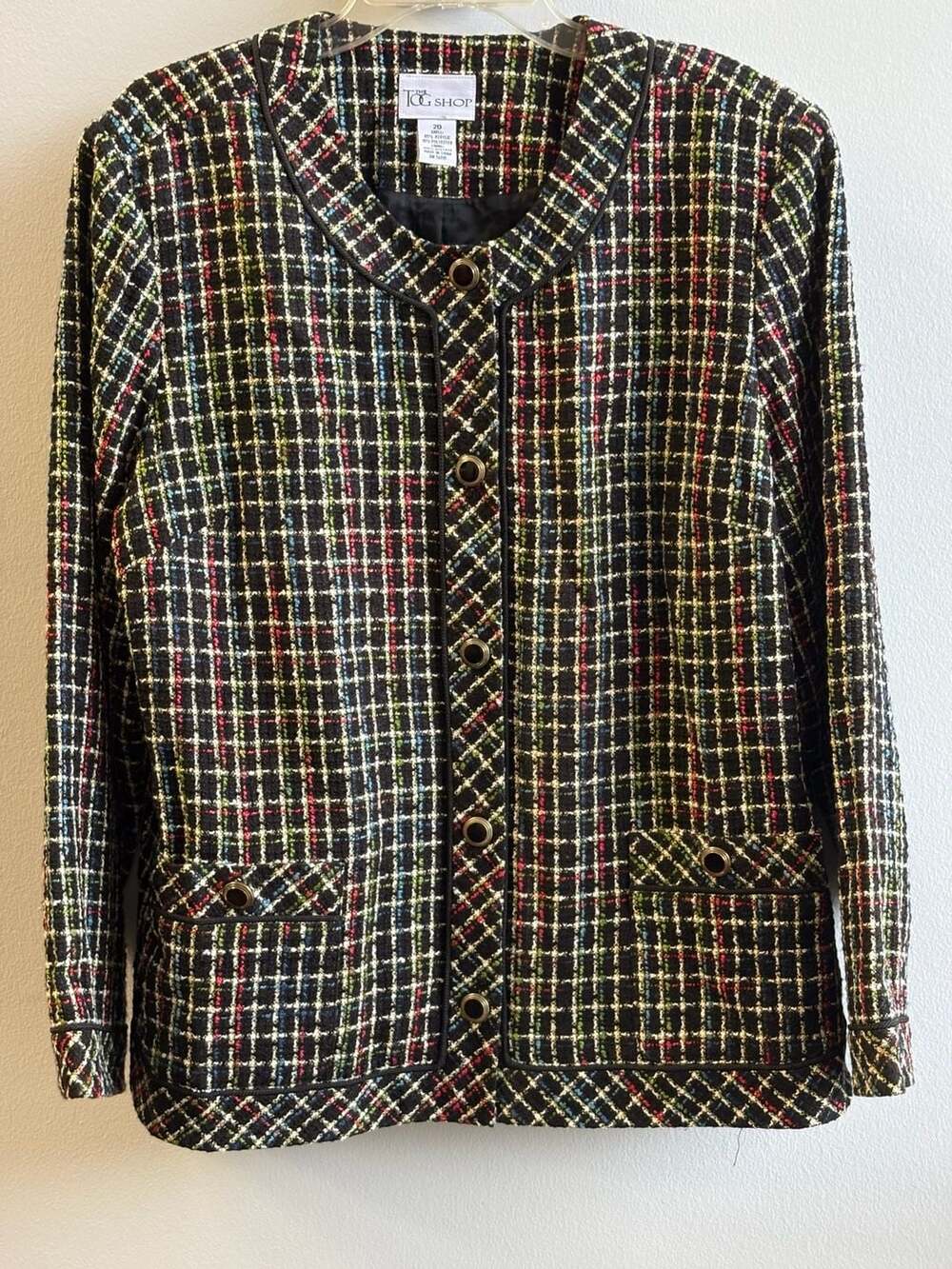 The Tog Shop Tweed Jacket Size 20 Black Multicolor Plaid Blazer Vntage Academia